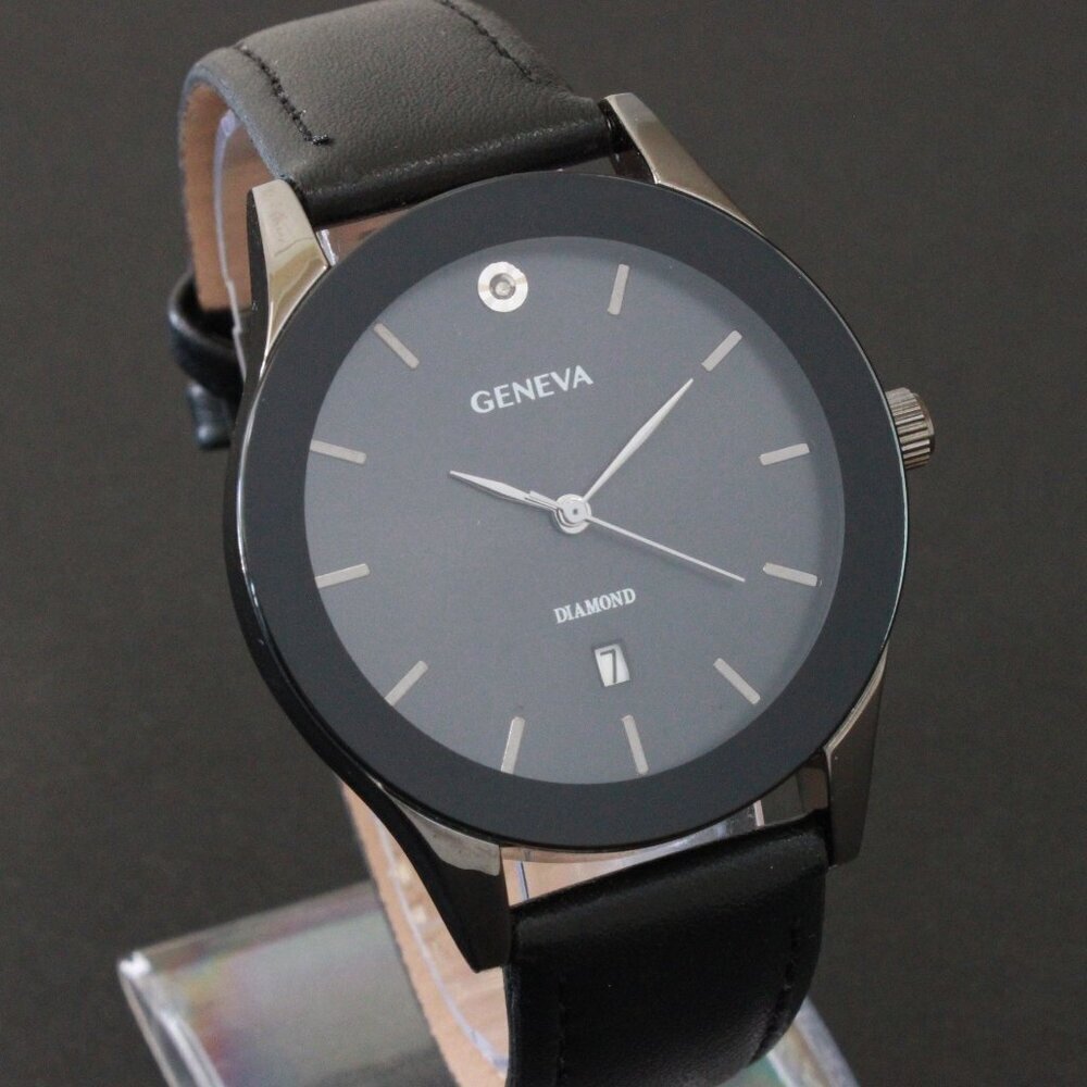 Geneva Men's Dress Watch Diamond At 12 Blacked Out Leather Strap 42mm - Picture 5 of 13
